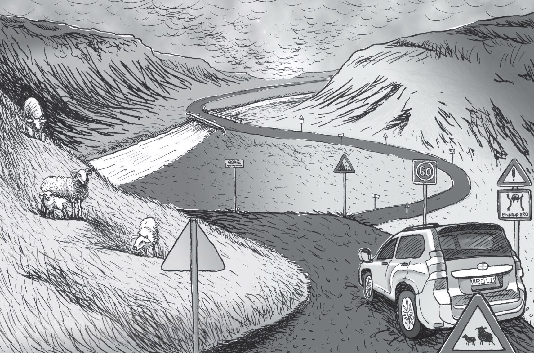 Out driving-The Little Book of Tourists in Iceland illustration Landscape with sheep and a car from The Little Book of Tourists in Iceland