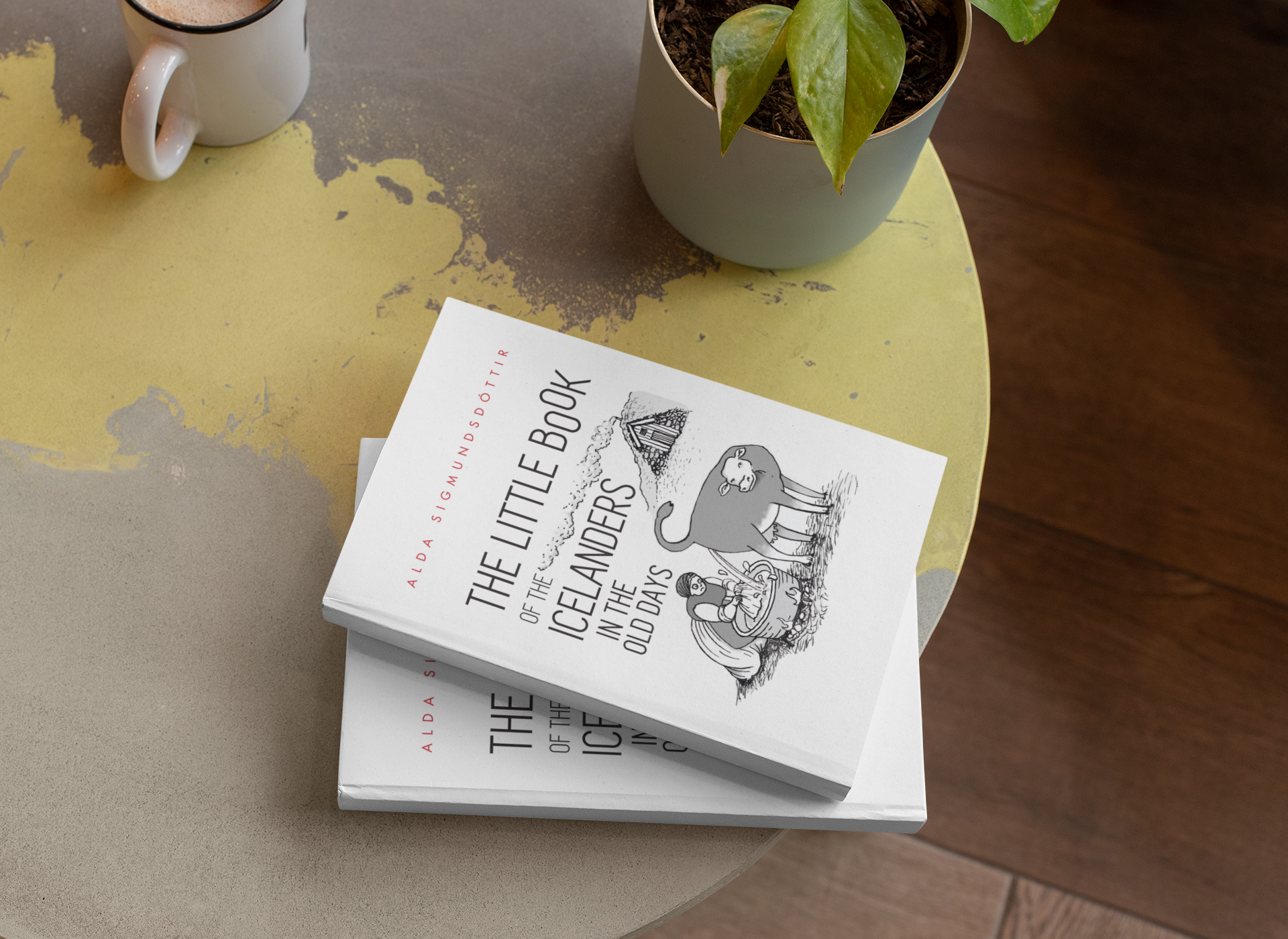 The Little Book of the Icelanders in the Old Days Two copies of The Little Book of the Icelanders in the Old Days lying on a table next to a plant