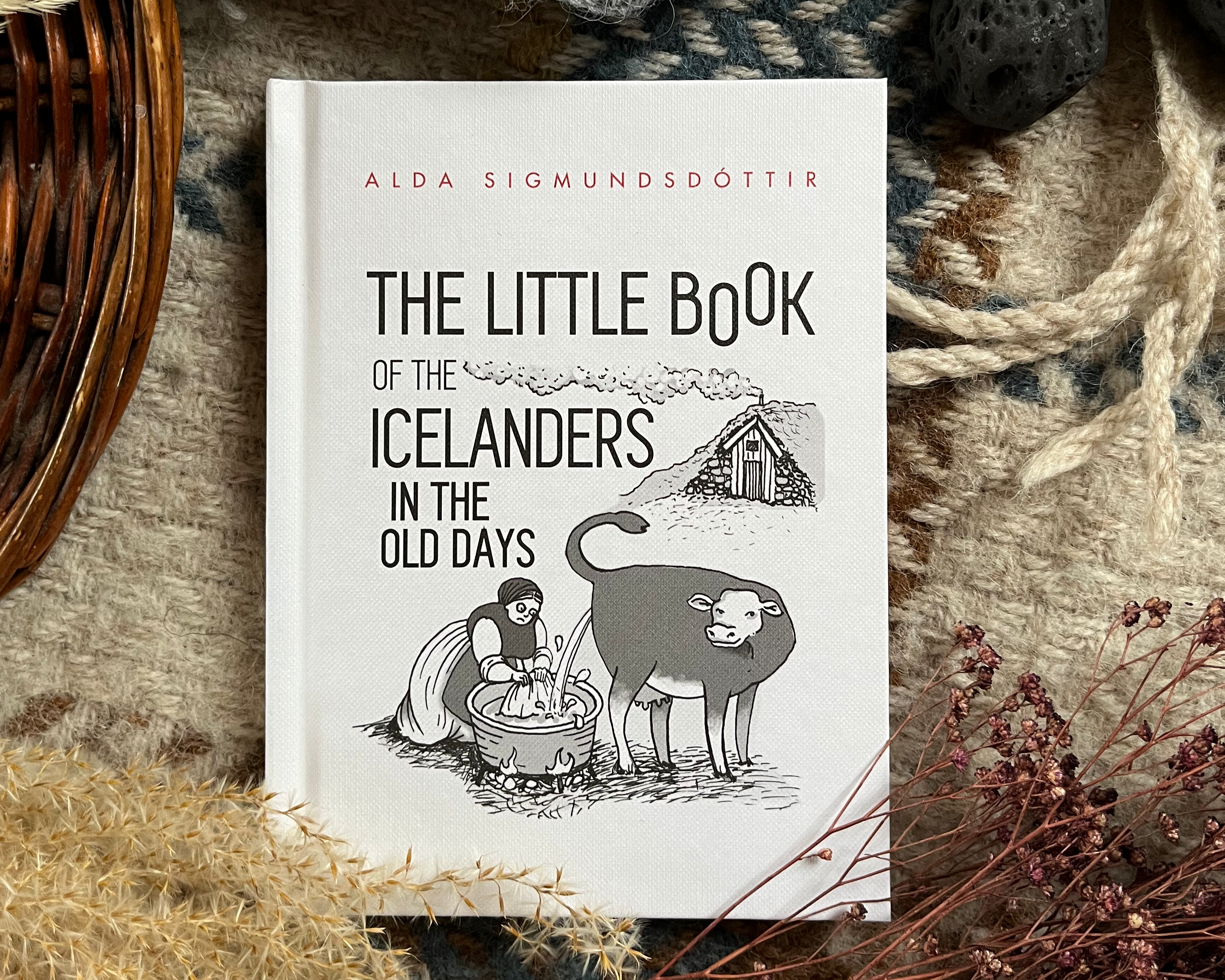 Two copies of The Little Book of the Icelanders in the Old Days lying on a table next to a plant